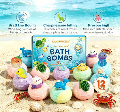 Kids Ocean Bath Bomb Set 12pcs x 60g – Bubble Bath Fizzers, Sea Salt Bath Balls, Fun Bath Toys Gift Set