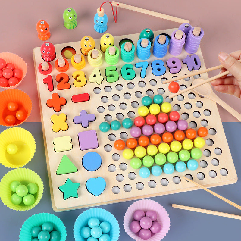 [Montessori Toy ] 13 in 1 Wooden Bead Holder Educational Toy Focus Training Chopsticks Training Educational Toy