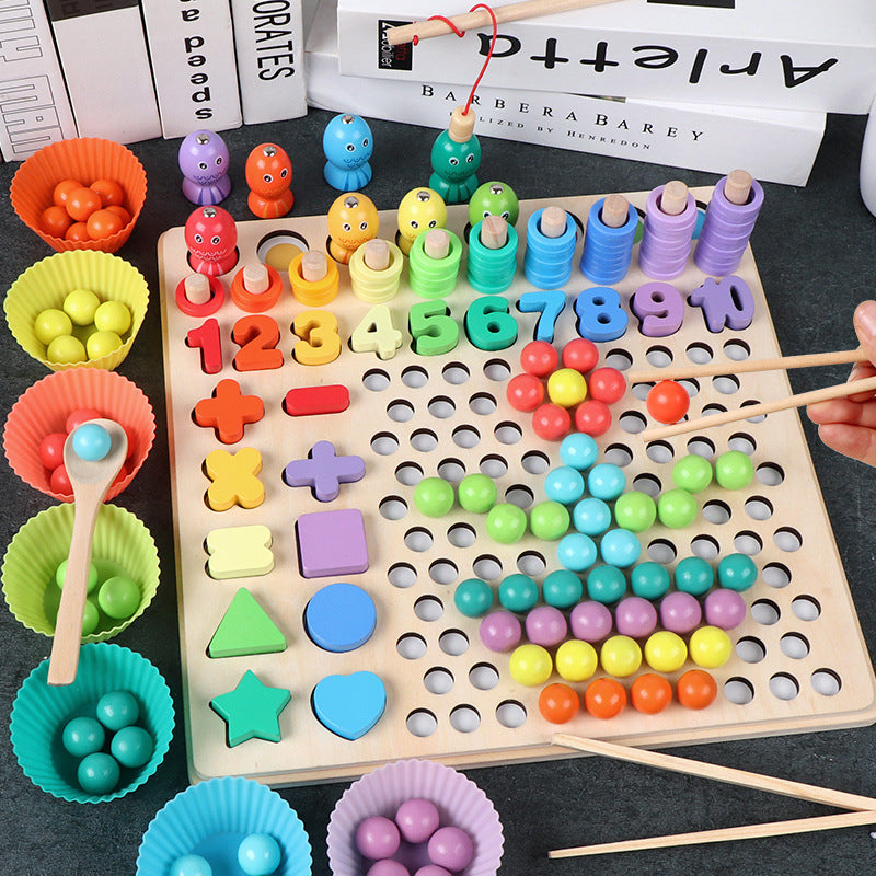 [Montessori Toy ] 13 in 1 Wooden Bead Holder Educational Toy Focus Training Chopsticks Training Educational Toy