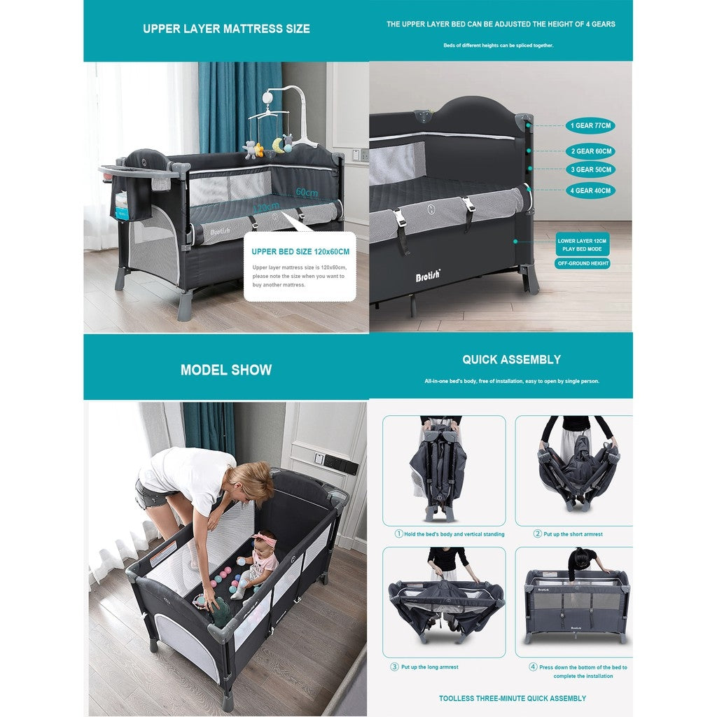 2 Layer Portable Infant Baby Cot Playpen Travel Cot